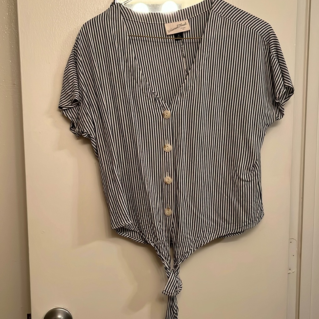 Striped Buttoned Tie Front Top